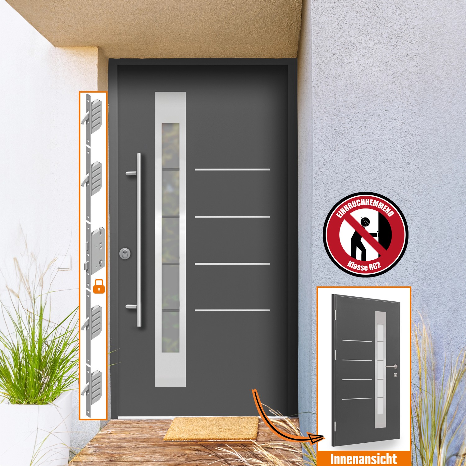 Anthrazitfarbene Splendoor Sicherheits-Haustür Berlin Prime RC2 mit Glaseinsatz und Edelstahlapplikationen.