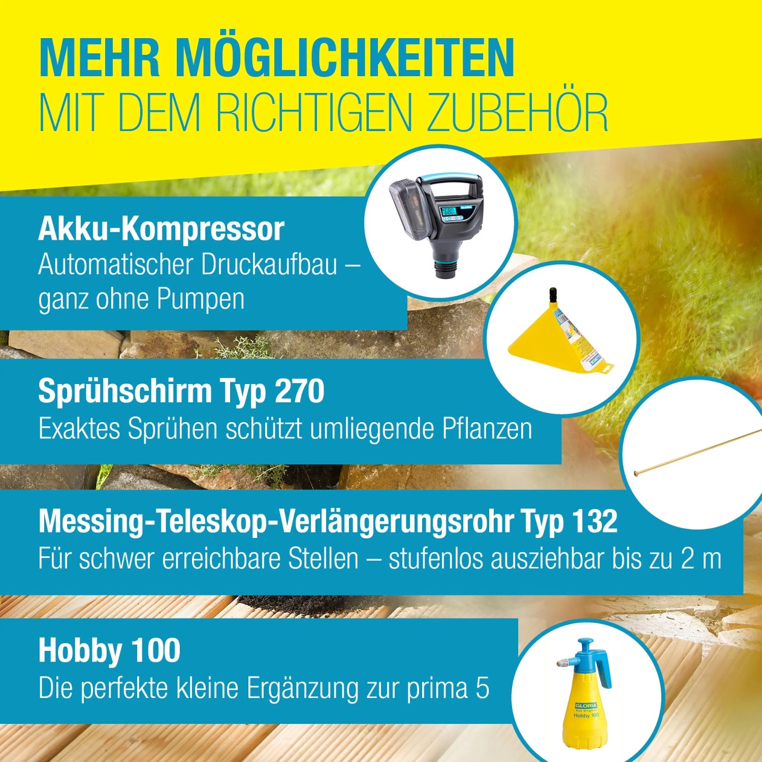 Zubehör für Gloria Drucksprüher Prima 5: Akku-Kompressor, Sprühschirm, Teleskop-Verlängerungsrohr und Hobby 100 Spritze.