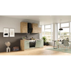 Flex-Well Küche Cara in Schilfgrün/Artisan Eiche mit E-Geräten und Spüle.