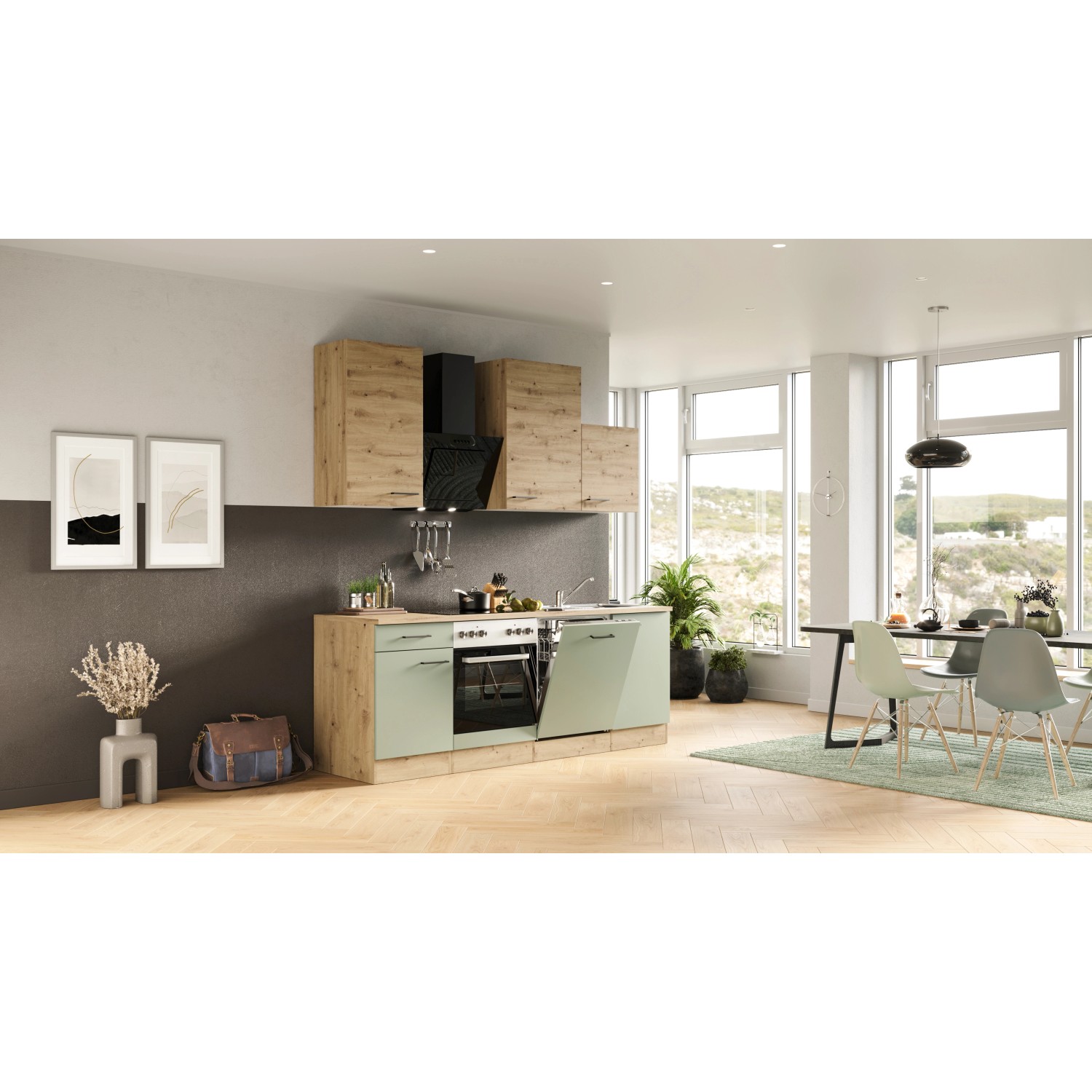 Flex-Well Küche Cara in Schilfgrün/Artisan Eiche mit E-Geräten und Spüle.