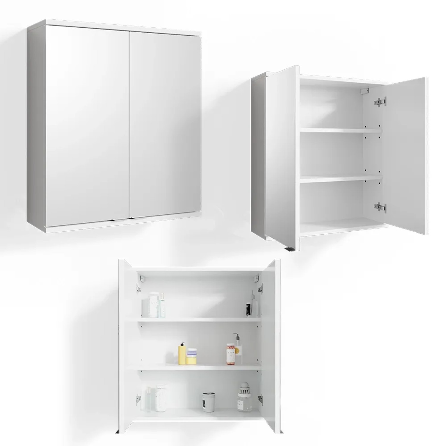 Vicco Badspiegelschrank Roy, weiß, 60x68 cm, mit zwei Spiegeltüren und Innenfächern.