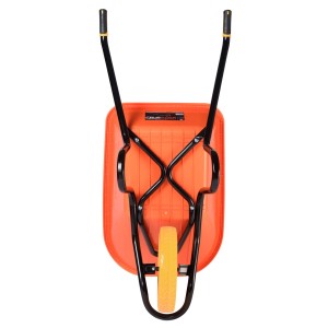 Haemmerlin Schubkarre Crusader, 120 l, Verbundstoff, PU-Rad, orangefarbene Mulde, schwarzes Gestell, von oben.