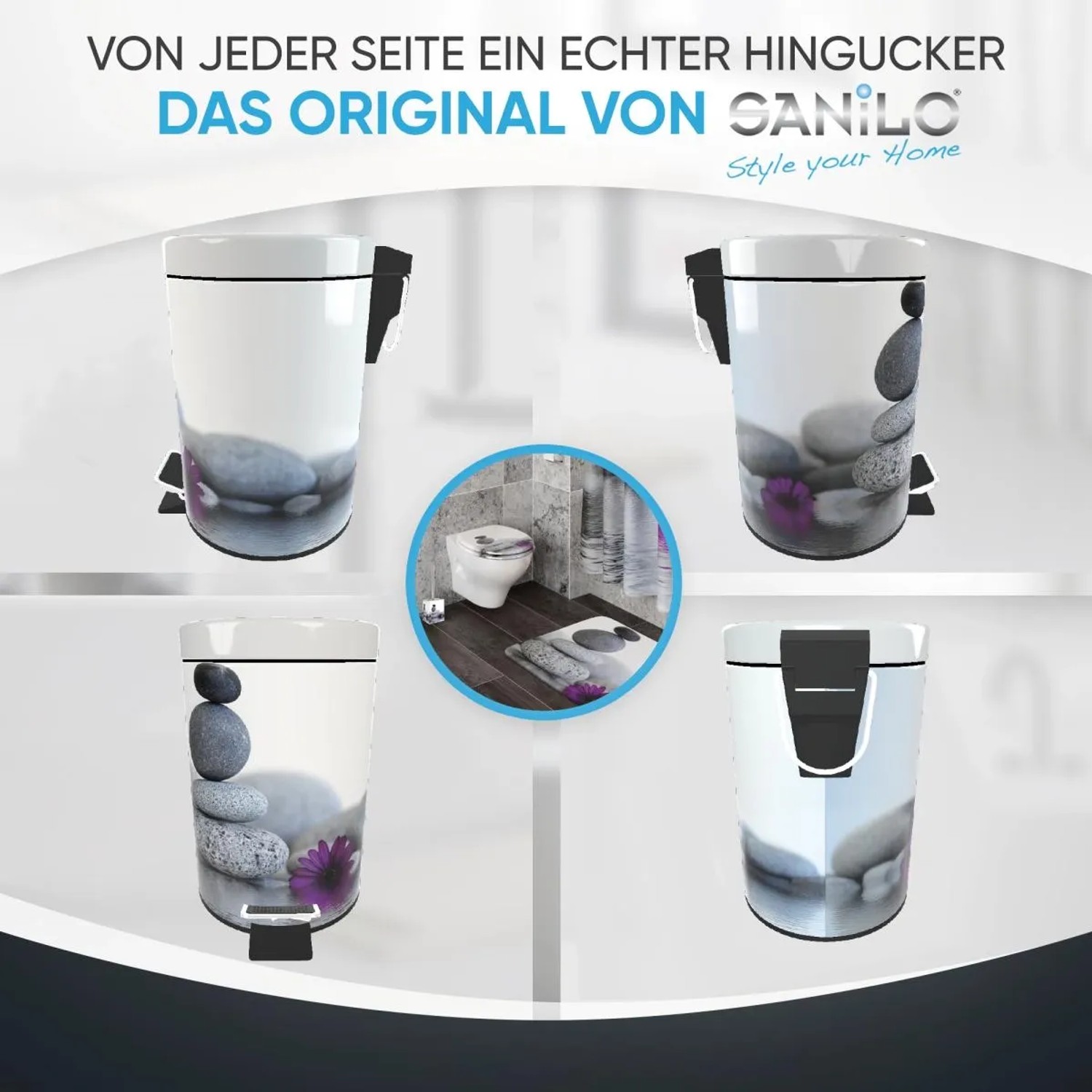 SANILO Kosmetikeimer Energy Stones, Bad Mülleimer mit Stein-Motiv und Pedal.