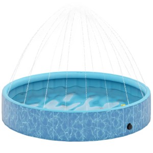 Blauer PawHut Hundepool aus Kunststoff, 160x160x30cm, mit Wassersprinkler.