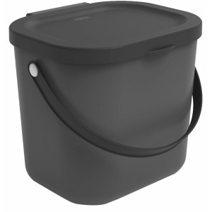 Anthrazitfarbener Rotho Mülleimer Albula, 6 Liter, mit Deckel und Tragegriff.