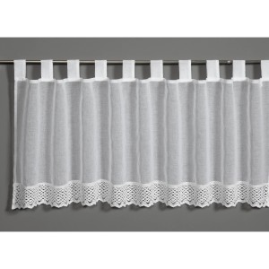 Weiße Bennetti Bistrogardine mit Häkelspitze, Naturoptik, 48x140 cm. Scheibengardine mit Schlaufen.