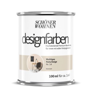 Schöner Wohnen Designfarbe Wohliges Naturbeige, 100ml Dose. Bunte Wandfarbe für Innen.