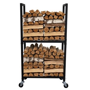 Schwarzes Kaminholzregal XS mit 2 Ebenen und Rollen, gefüllt mit Holzscheiten.