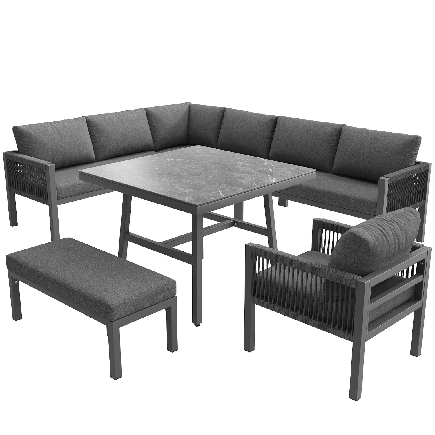 Okwish L-Form Garten-Sofa Für 8 Personen Wetterfeste Terrassen-Garnitur Grau