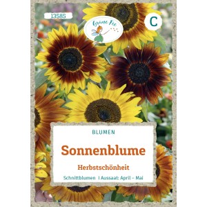 Saatgutpackung Grüne Fee Sonnenblume Herbstschönheit mit gelb-roten Blüten.