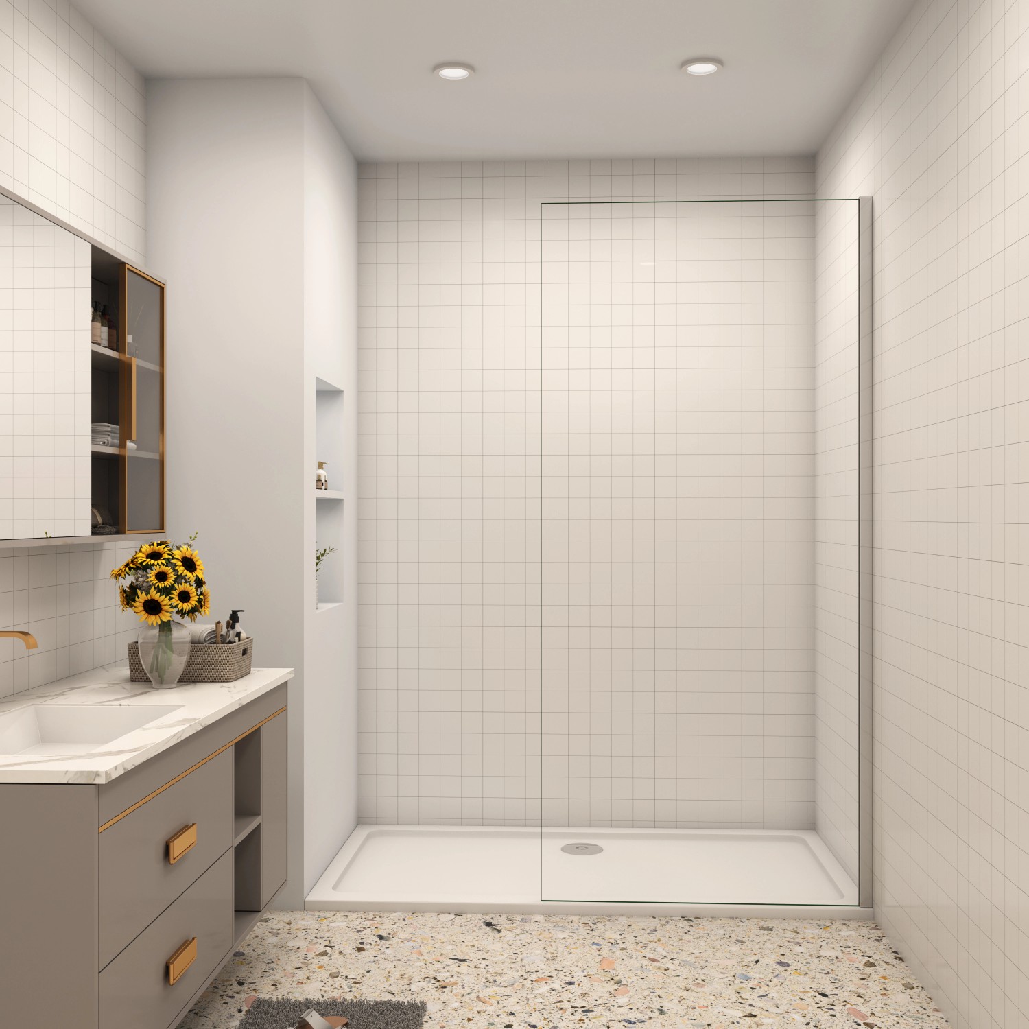 AICA Walk-In Duschkabine mit 8mm NANO Glas Duschwand in modernem Badezimmer.