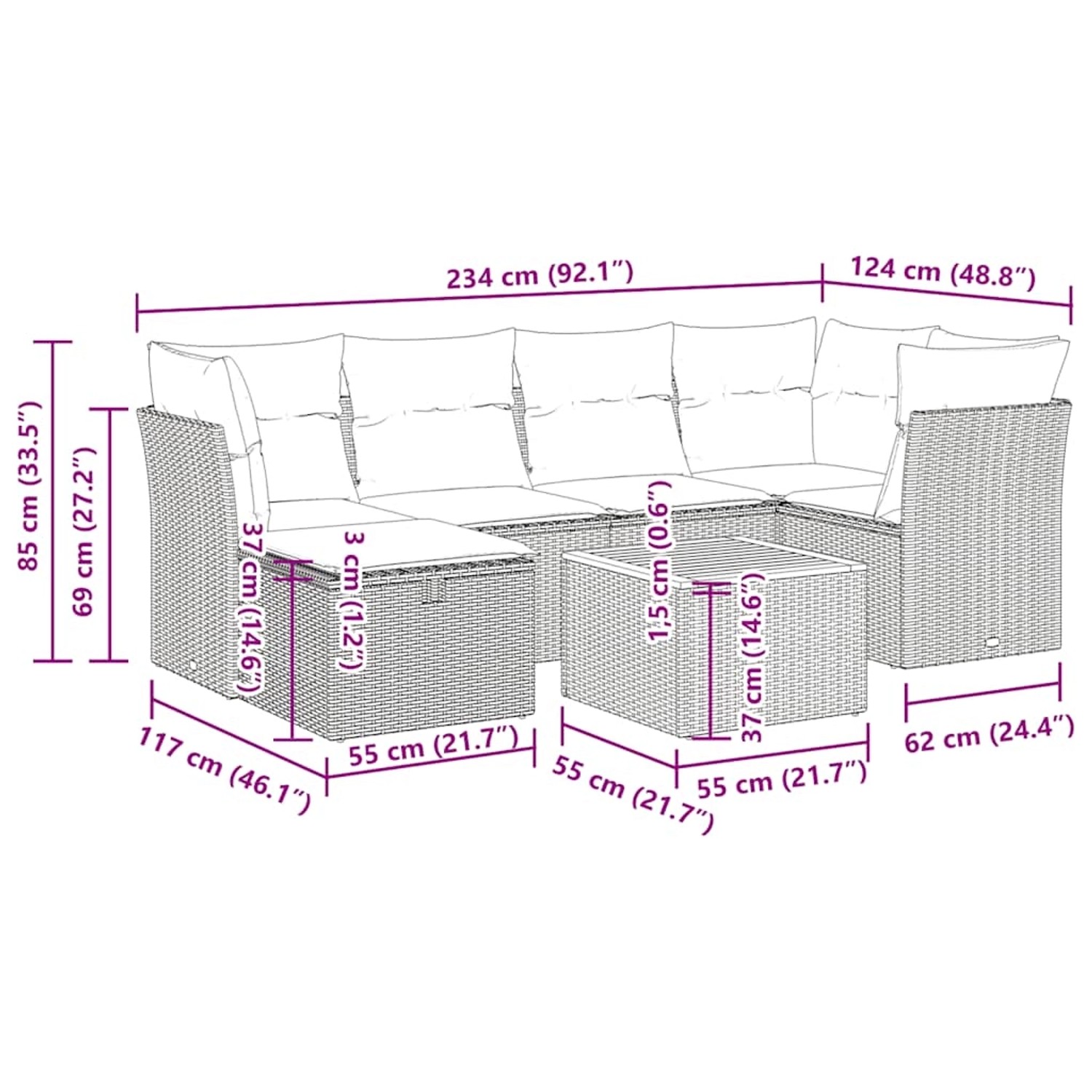 Beige 7-tlg. vidaXL Garten-Sofagarnitur aus Polyrattan mit Kissen und Tisch, Maße eingezeichnet.
