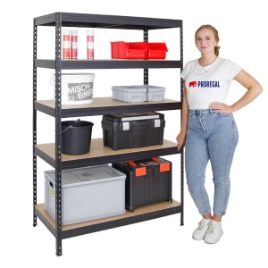Schwarzes PROREGAL Schwerlastregal mit 5 Böden, 180x120x60 cm, beladen mit Werkzeug und Farbe.