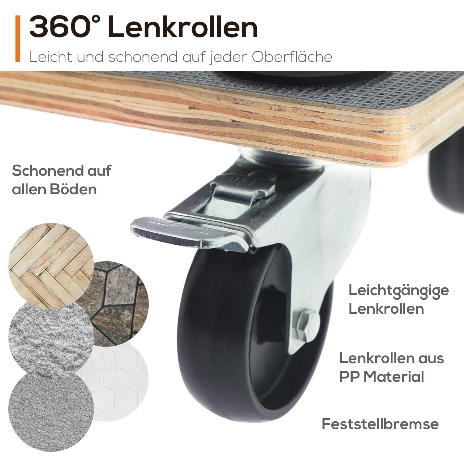 Tronitechnik Rollbrett mit 360° Lenkrollen und Feststellbremse, geeignet für verschiedene Bodenarten.
