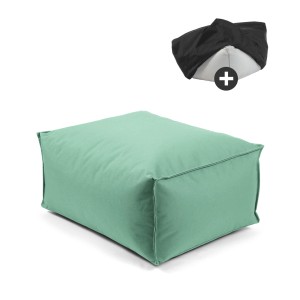Grüner mokebo Outdoor Pouf Hocker mit Schutzhülle, wasserabweisend. Eckiger Sitzpouf für Garten und Terrasse.