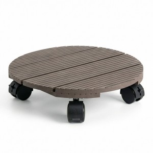 Runder, brauner Pflanzenroller aus WPC mit 4 Rollen, belastbar bis 80 kg.