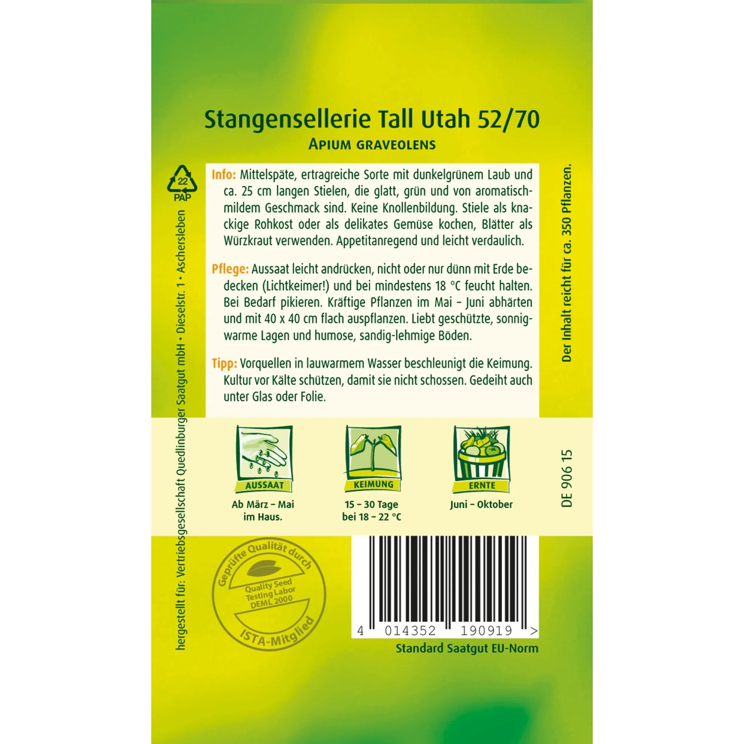 Samentüte Stangensellerie 'Tall Utah 52/70' von Quedlinburger mit Infos zu Aussaat, Keimung und Ernte.