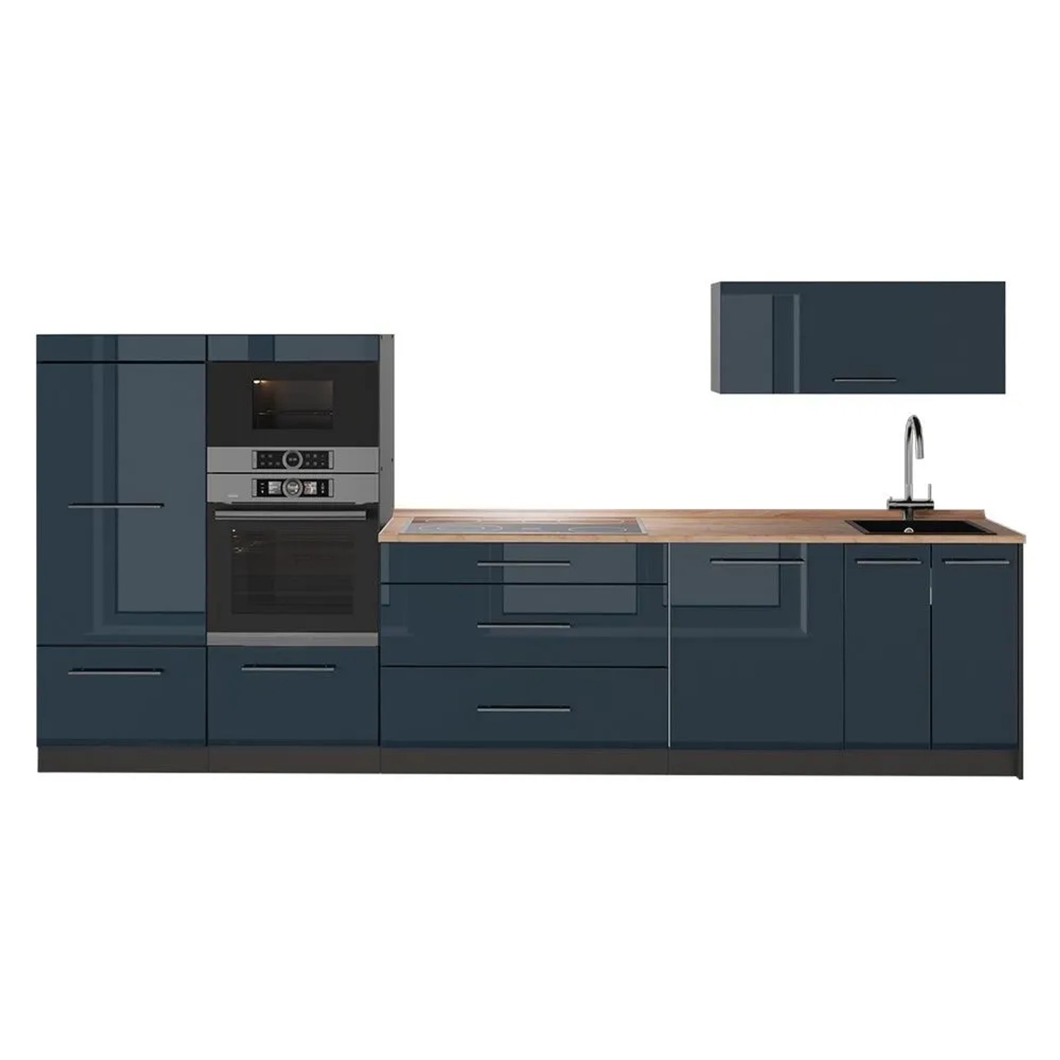 Vicco Küchenzeile Fame-Line Dunkelblau Hochglanz/Anthrazit 340 x 154 AP Eiche Art Nr 64489