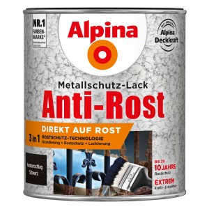 Dose Alpina Metallschutzlack Anti-Rost Schwarz Hammerschlag, 750ml, für zuverlässigen Rostschutz.