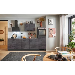 Moderne pino Küchenzeile 270 cm in Beton Grafitgrau mit Geräteschrank und E-Geräten.
