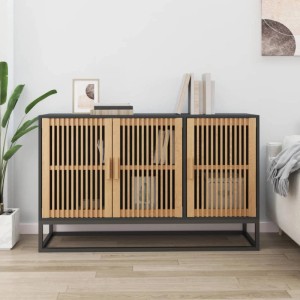 Schwarzes vidaXL Sideboard (105x30x65 cm) aus Holzwerkstoff mit drei Türen und Metallbeinen.