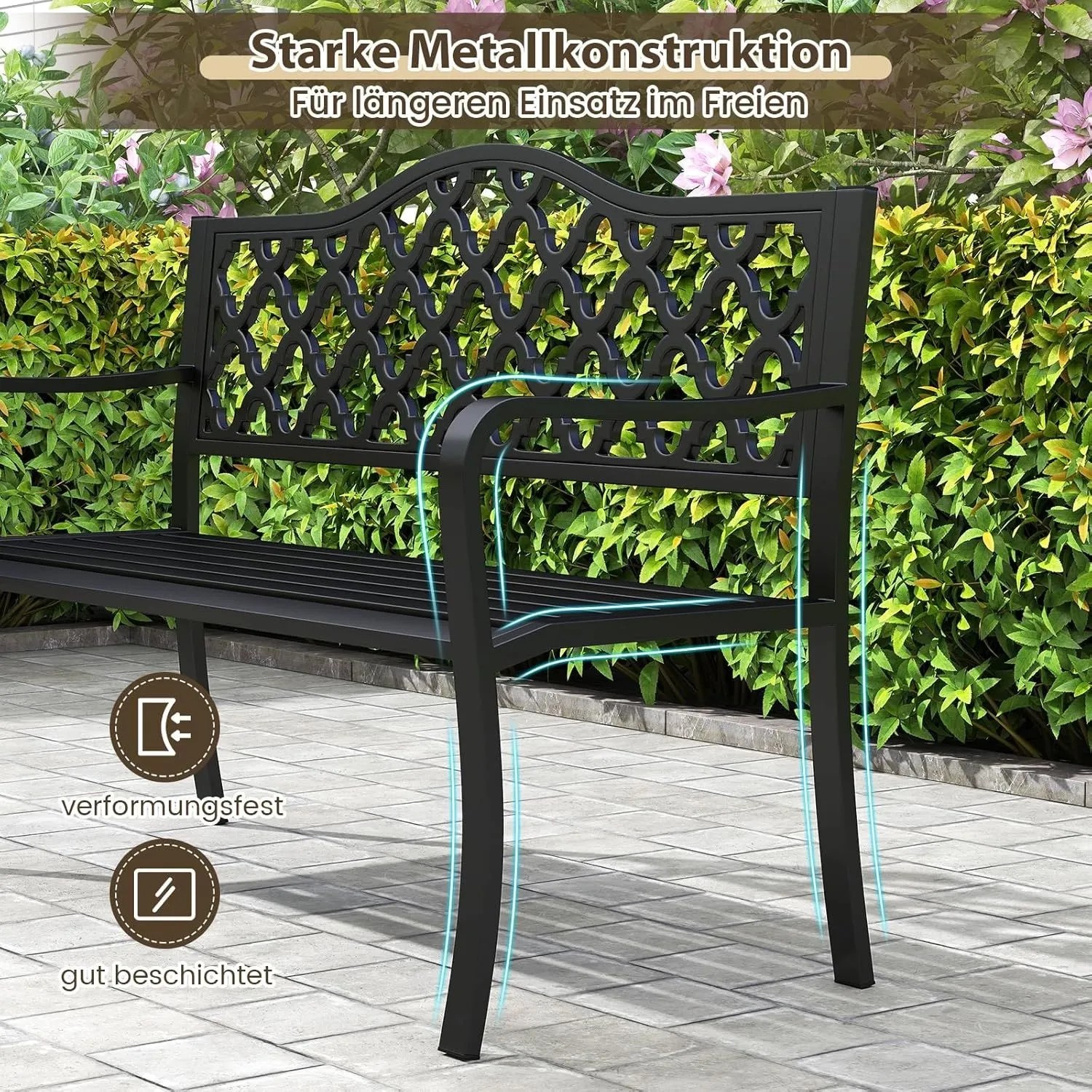 Costway Gartenbank aus Metall, 2-Sitzer mit Rückenlehne und dekorativem Muster.