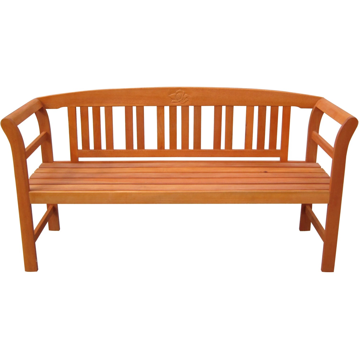 Gartenbank Harland 3-Sitzer aus Eukalyptusholz mit Rosen-Schnitzerei in der Rückenlehne.