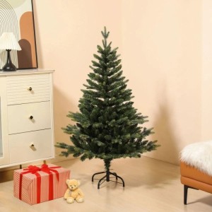 Grüner künstlicher Weihnachtsbaum 150 cm mit dichtem Nadelkleid und schwarzem Ständer, in festlicher Umgebung.