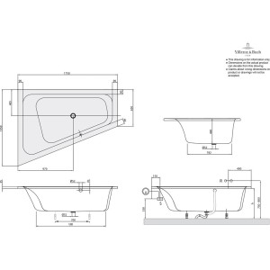 Technische Zeichnung einer weißen Villeroy & Boch Eckbadewanne Loop & Friends Square, 175x135 cm.