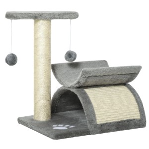 Grauer PawHut Kratzbaum mit Sisalstamm, Plüsch-Liegefläche, Tunnel und hängenden Spielbällen für Katzen.