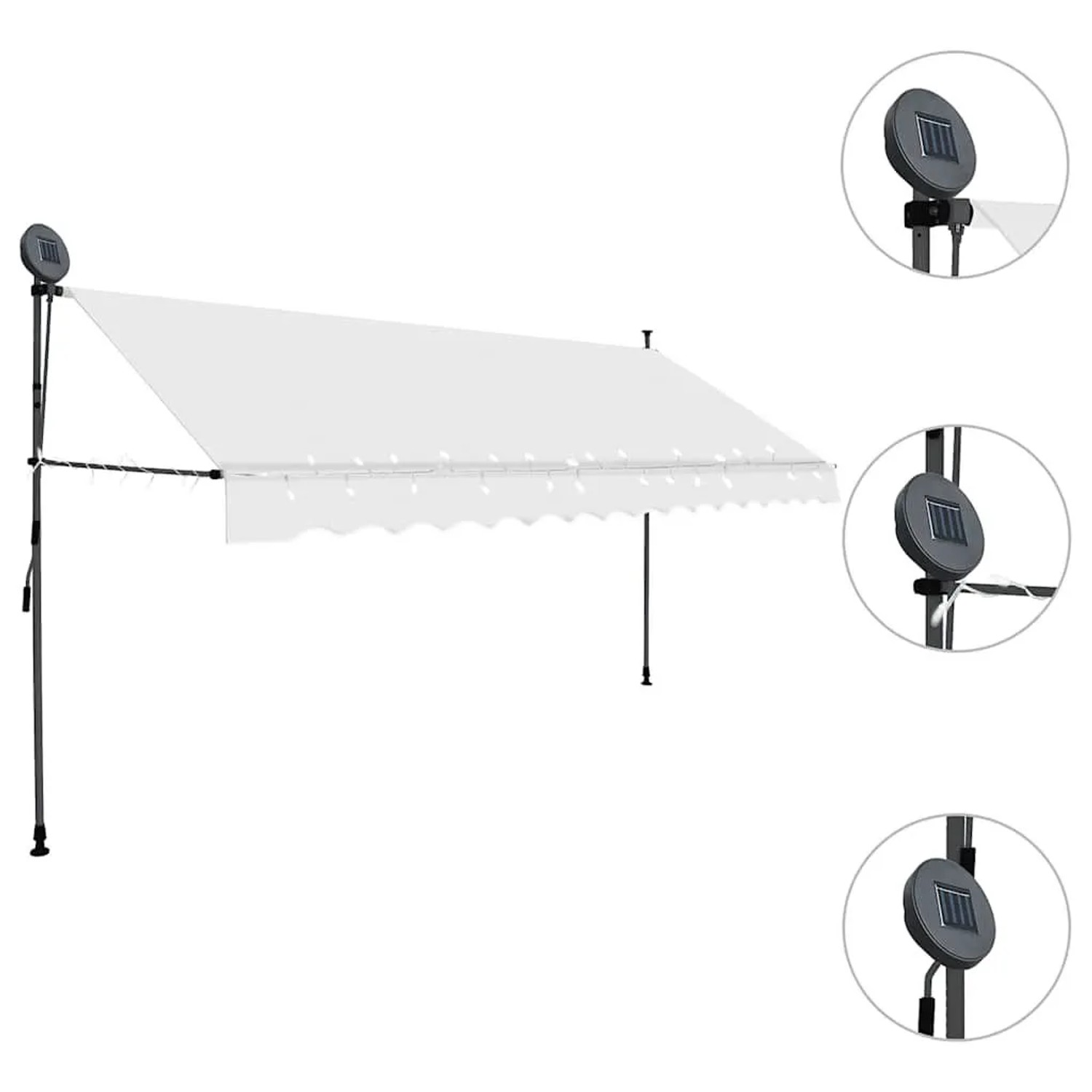 Cremefarbene, handbetriebene Einzieh-Markise mit LED-Beleuchtung und Solarpanel für Terrasse oder Balkon. 350 cm breit.