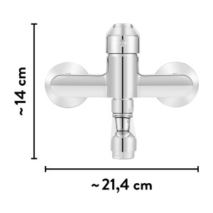baliv KI-1130 Chrom Küchenarmatur, Einhebelmischer zur Wandmontage. Technische Ansicht mit Maßen: ca. 21,4 cm Breite, ca. 14 cm Tiefe.