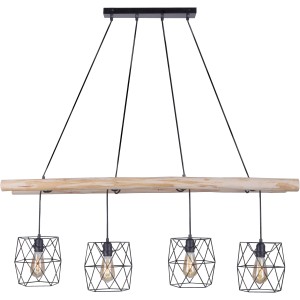 Schwarze 4-flammige Pendelleuchte Edgar mit Holzbalken im Vintage-Look.