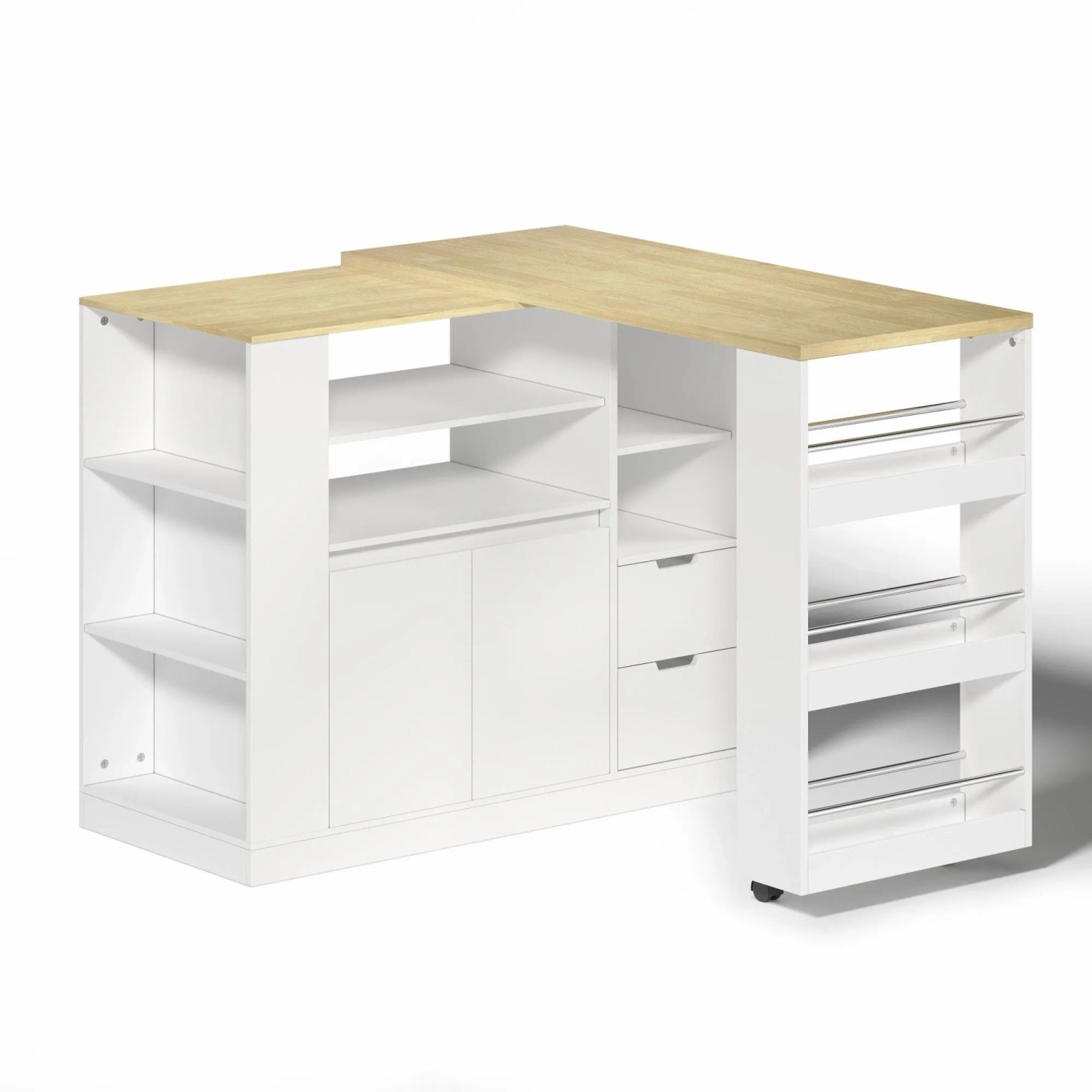 okwish Kücheninsel mit Ausziehbarer Arbeitsplatte Schubladen Regalen 115x50x92cm Weiß