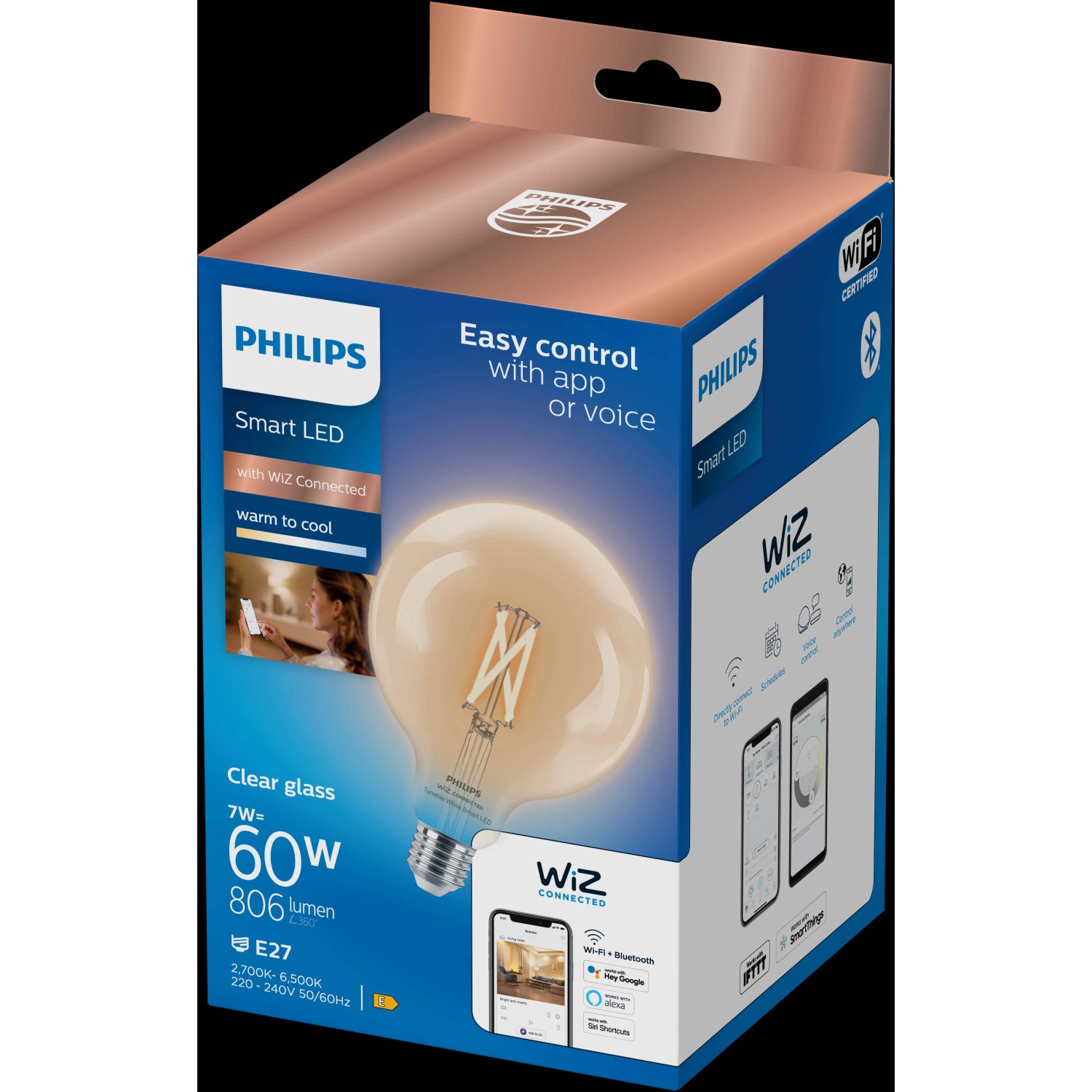 Verpackung einer Philips Smart LED Lampe, 7W E27 Globe Filament G125 Clear, smarte Steuerung.