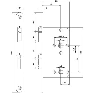 Technische Zeichnung: Weißes WC-Schloss, gefälzt, DIN links, Maße und Details.