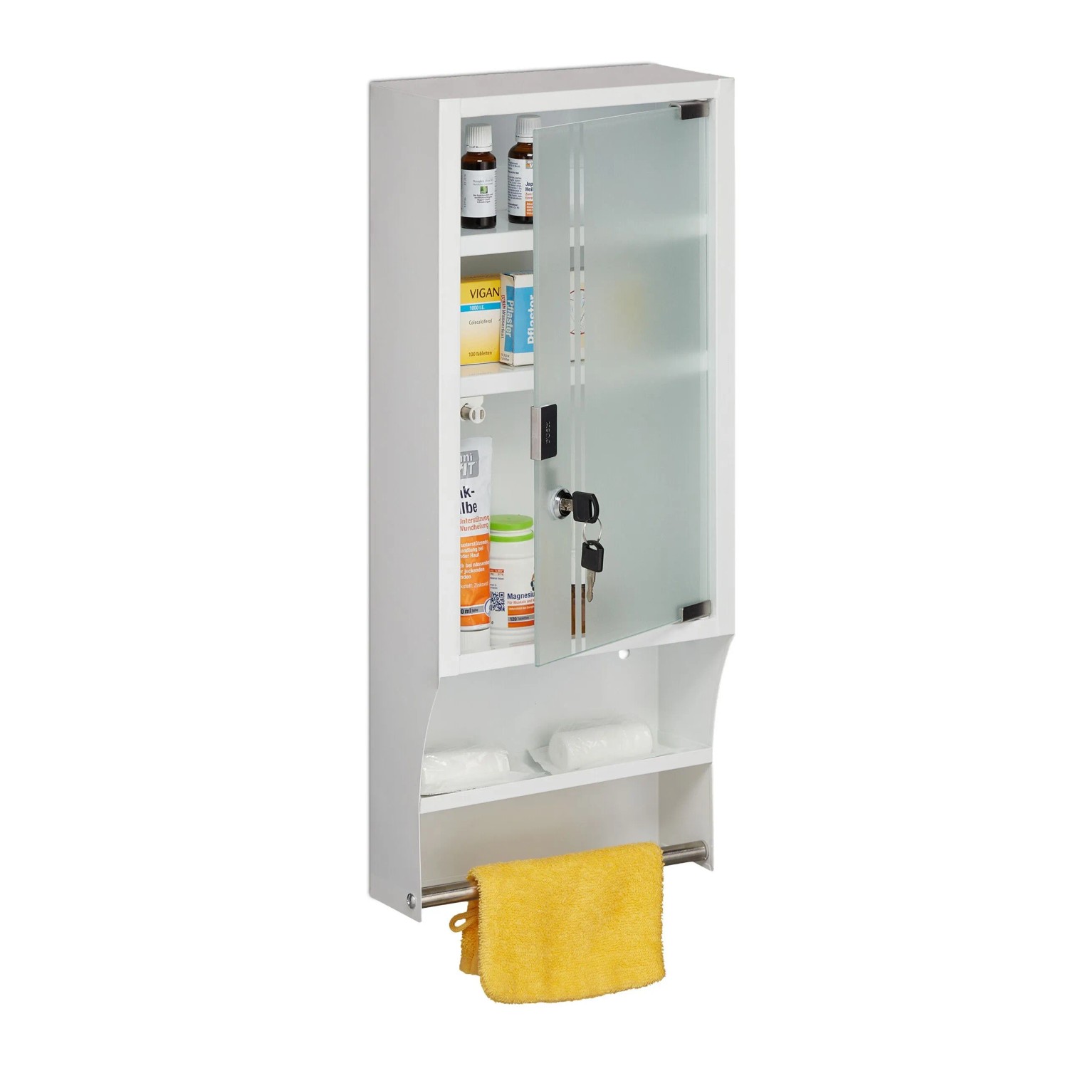 Relaxdays Medizinschrank Stahl Glas Weiß Abschließbar 65 x 27 x 12 cm 3,3 kg