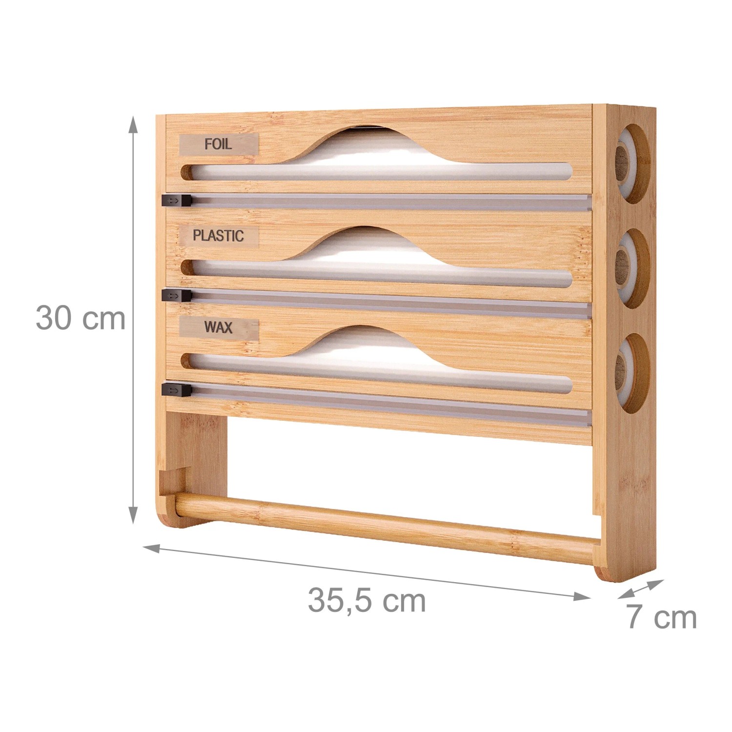Relaxdays Wandrollenhalter Bambus Natur 4 in 1 Mit Schneider 30 cm x 35,5 cm x 7 cm_4