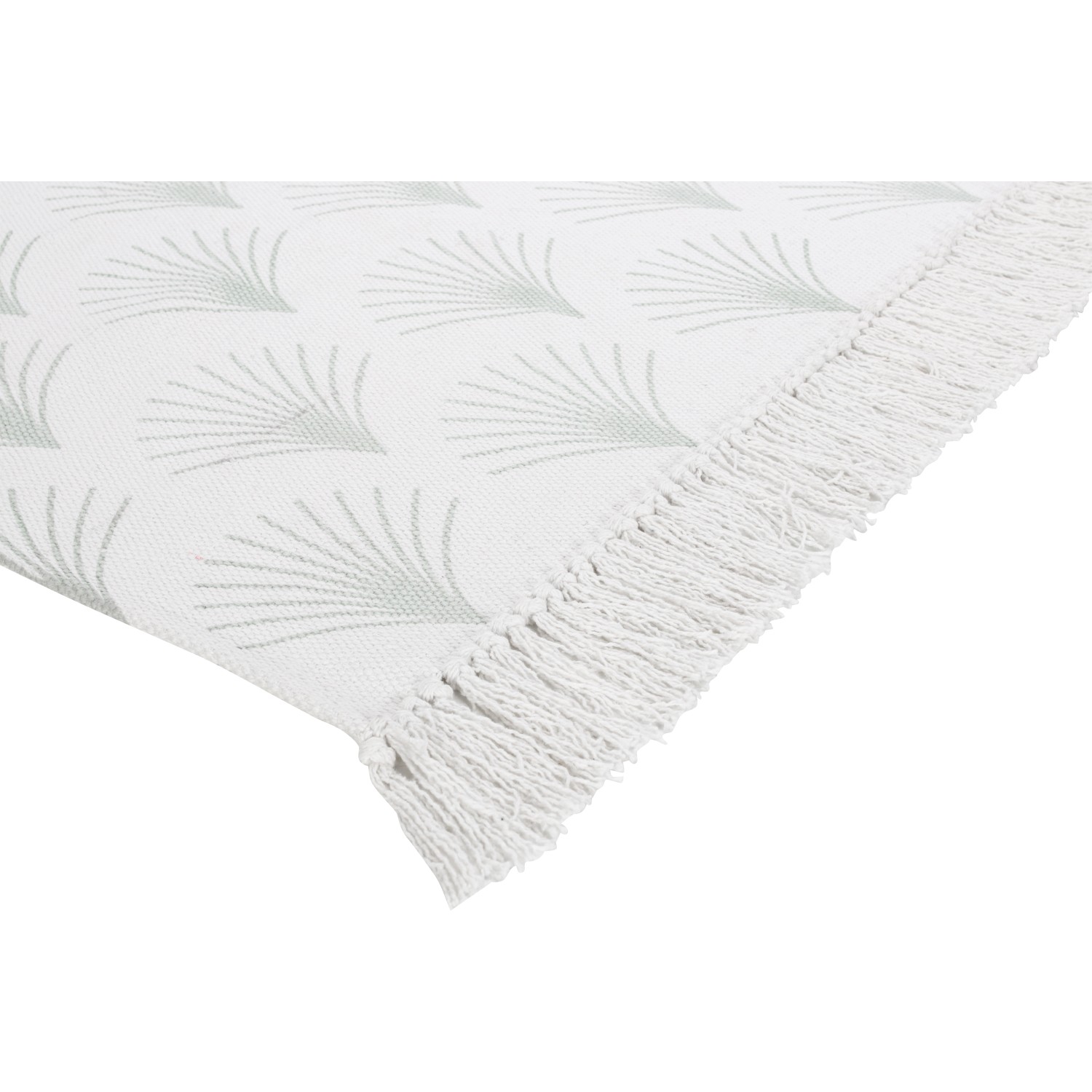 Gemusterter Baumwollteppich in Weiß und Mint, 60x120 cm, mit Fransen.