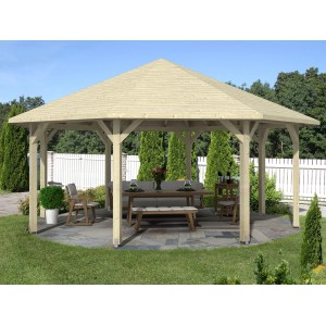 Unbehandelter, achteckiger Skan Holz Pavillon Nice aus Leimholz im Garten.