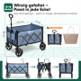 Blauer Sekey Falt-Bollerwagen mit Griff und Rädern. Zeigt den Faltmechanismus und die kompakte Verstauung.