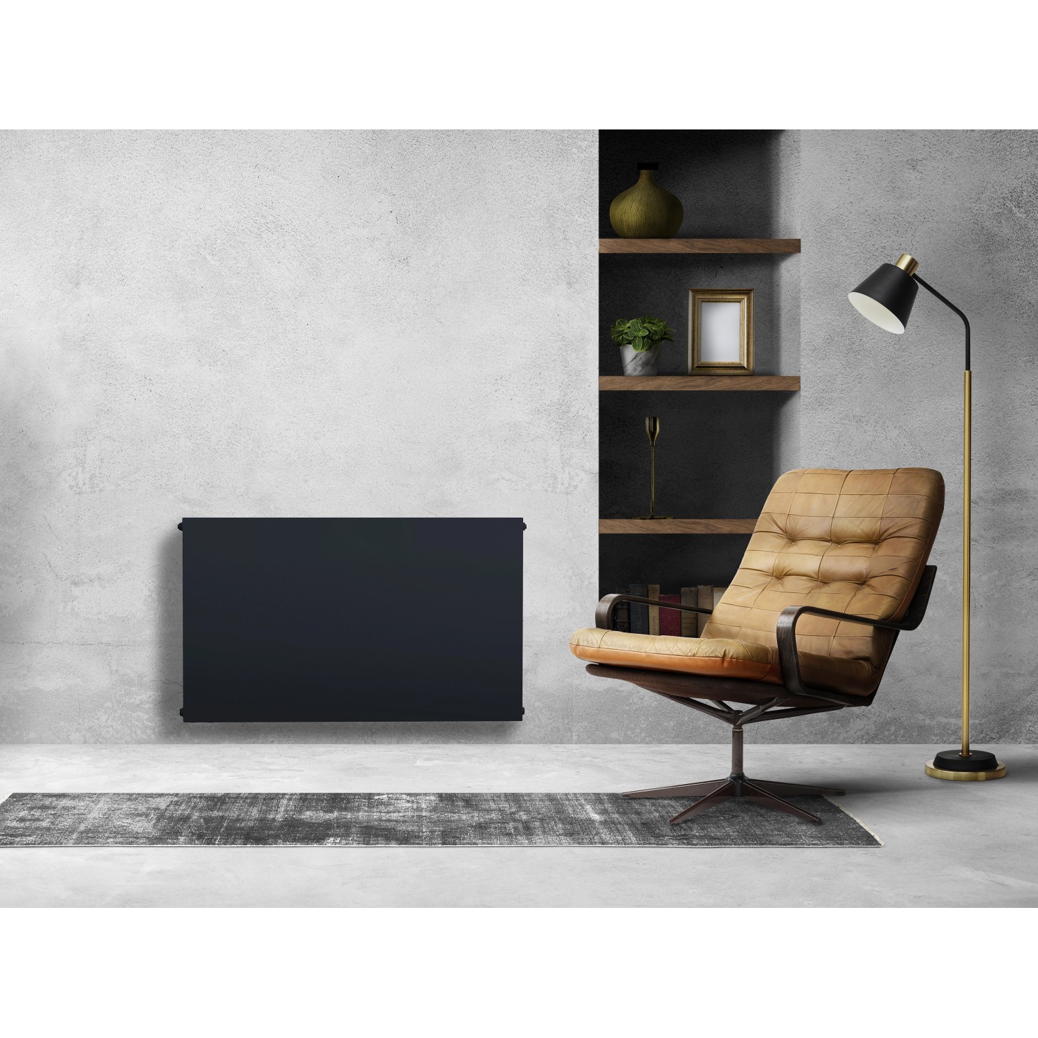 Sanicomfort Planheizkörper Typ 22 DK, 60x60 cm, Schwarz Matt, im modernen Wohnraum.