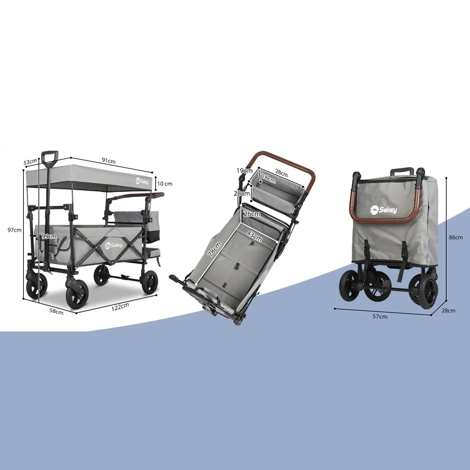 Sekey Faltbarer Bollerwagen Grau mit Dach, Maße offen und geschlossen, ideal für Camping & Transport.