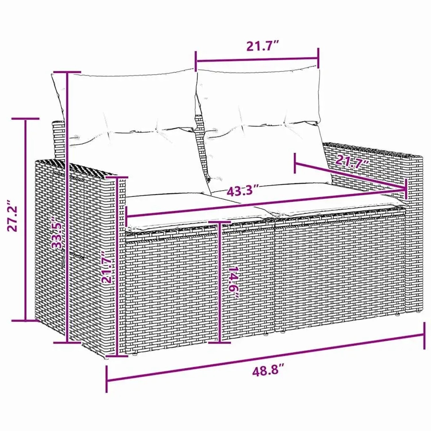 vidaXL Garten-Sofa-Set, 12-teilig, schwarz, Poly Rattan, mit Maßangaben.