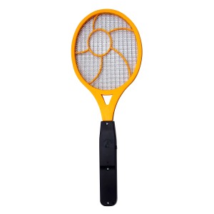 Elektrische Fliegenklatsche mit gelbem Rahmen und schwarzem Griff.