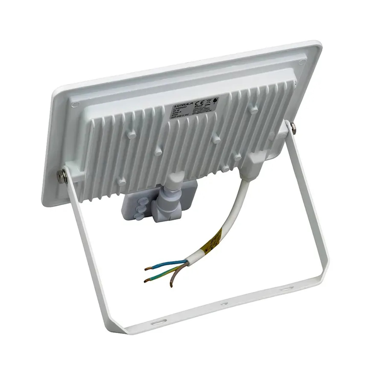 Rückansicht: Weißer LUXULA LED Strahler 50W mit Bewegungsmelder und Halterung.
