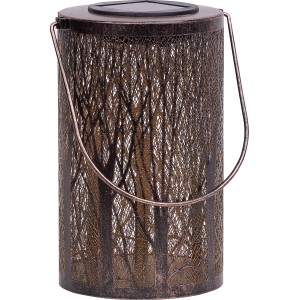 Rostfarbene Solarleuchte Laterne mit Astmuster für Garten und Terrasse.