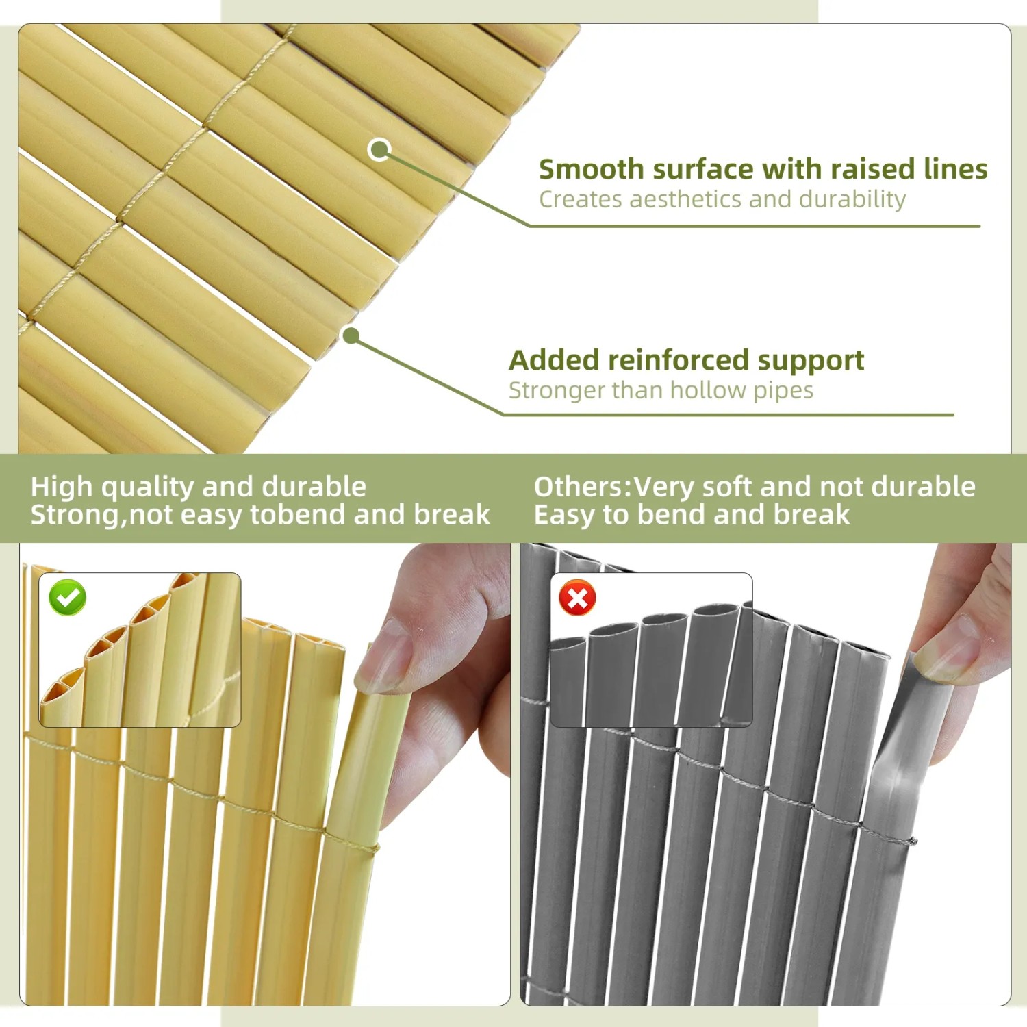 CCLIFE PVC Sichtschutzzaun (beige) mit verstärkten, stabilen Rohren. Vergleich zeigt Robustheit & Qualität für Balkon & Garten.