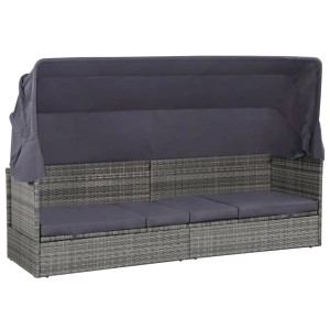 Graues vidaXL Gartenbett mit Baldachin aus Polyrattan, 205x62 cm. Sonnenliege mit grauen Polstern.