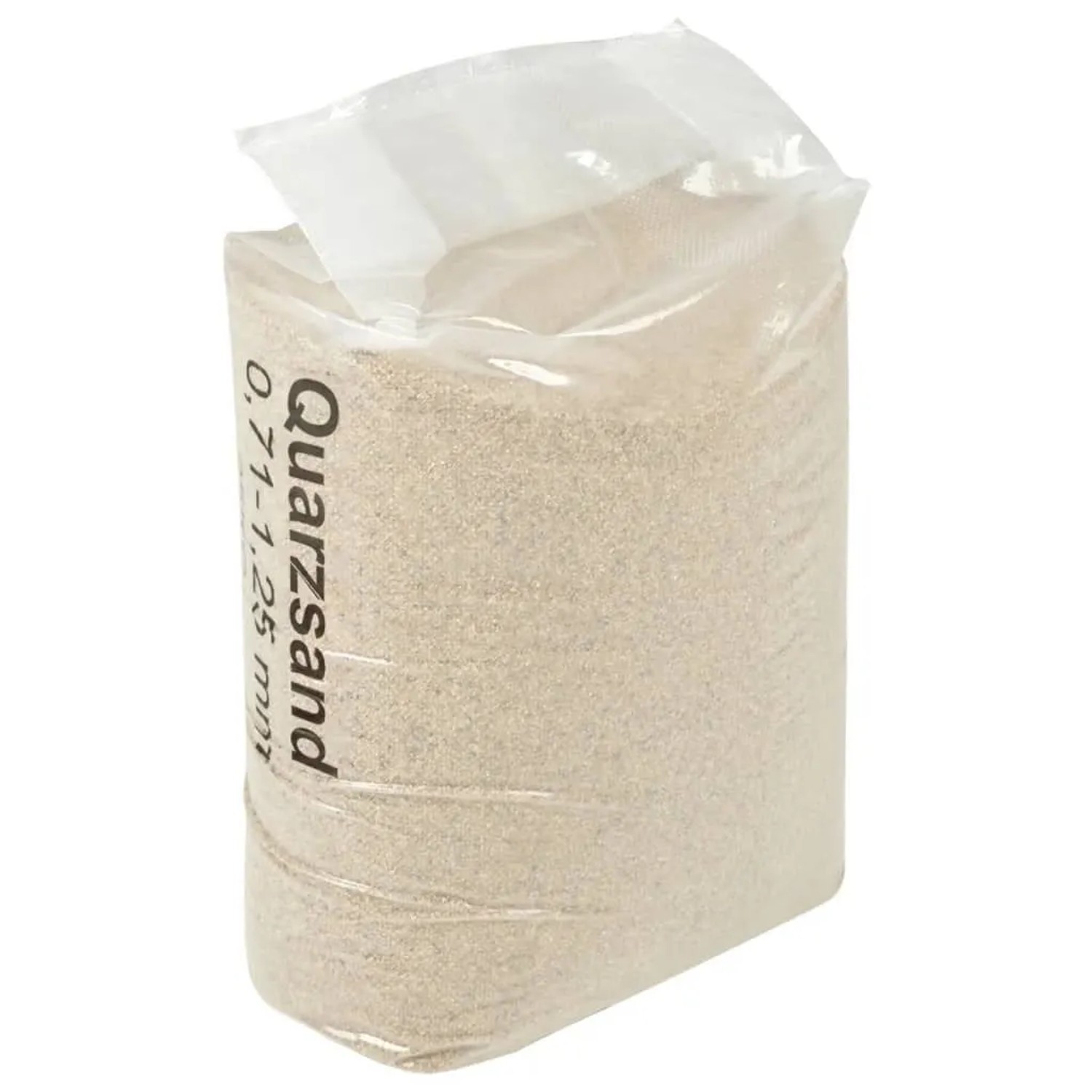 Transparenter Beutel mit hellem Quarzsand für Pool Filteranlagen, Körnung 0,71-1,25 mm, 25 kg.